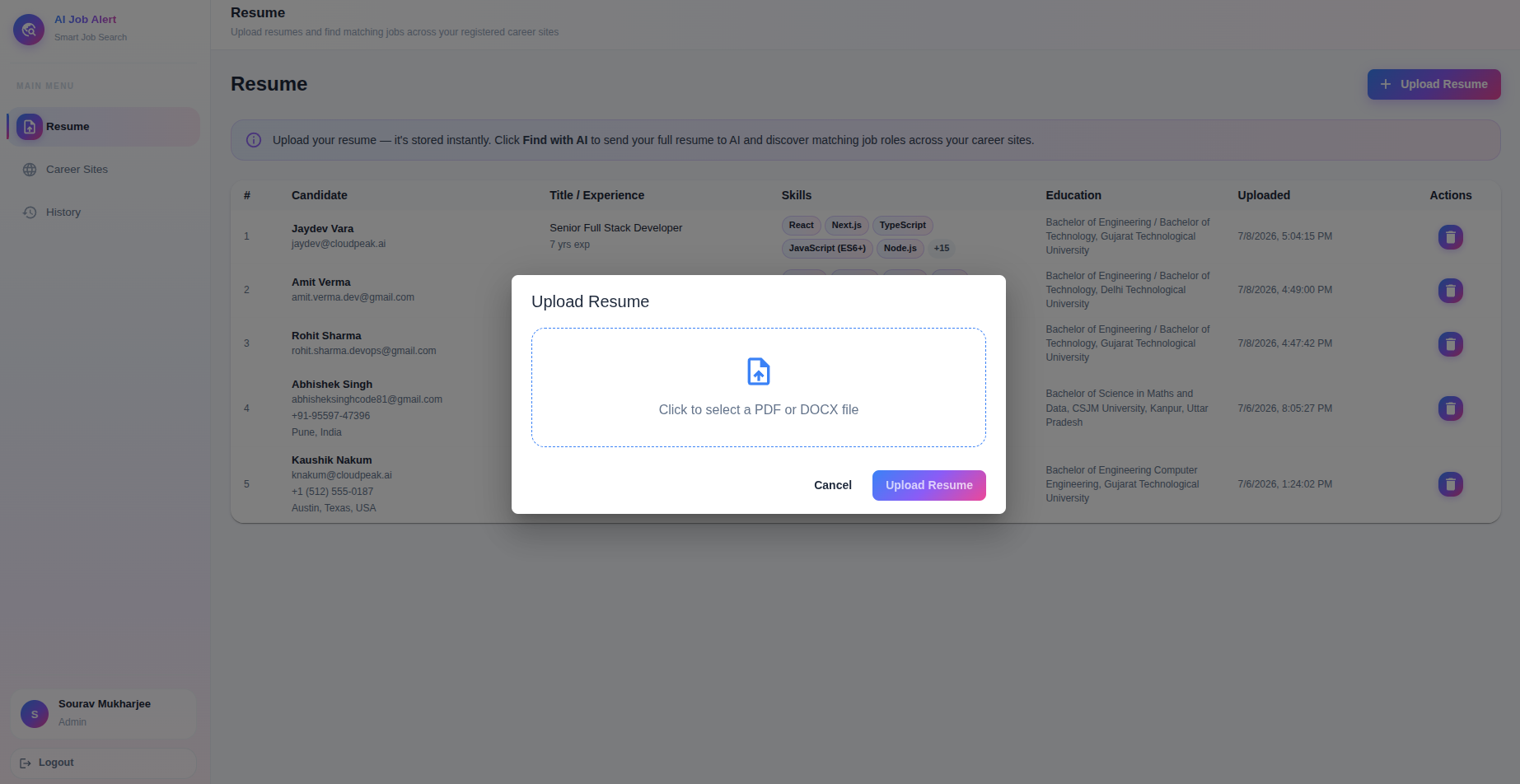 Upload resume